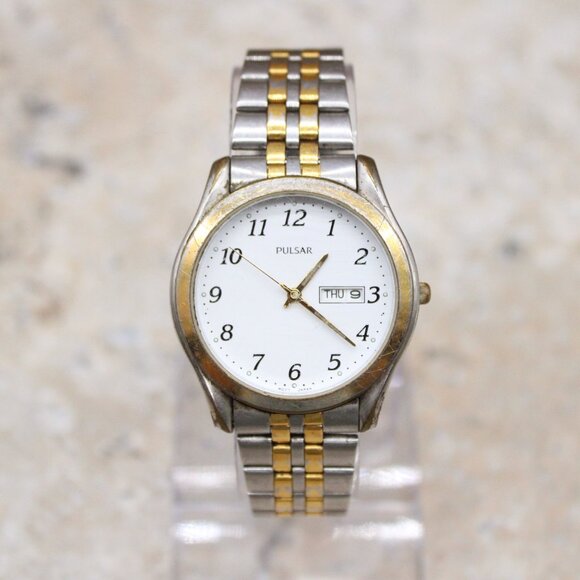 Vintage Pulsar Watch Gold Tone Stainless Steel Quartz Classic White Date Dial - Picture 1 of 8
